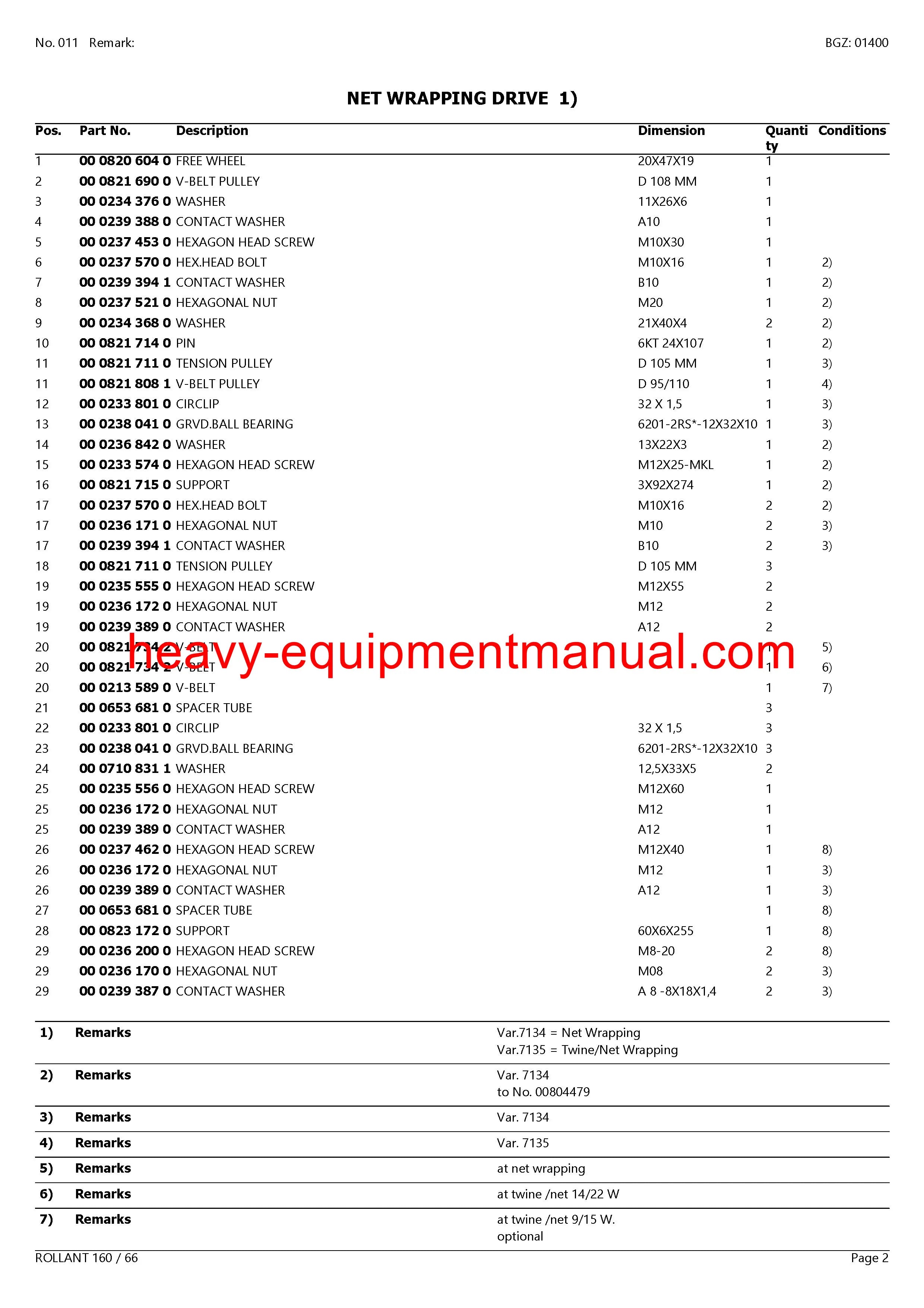 CLAAS ROLLANT 160 / 66 BALER PARTS CATALOG MANU... Heavy Equipment Manual