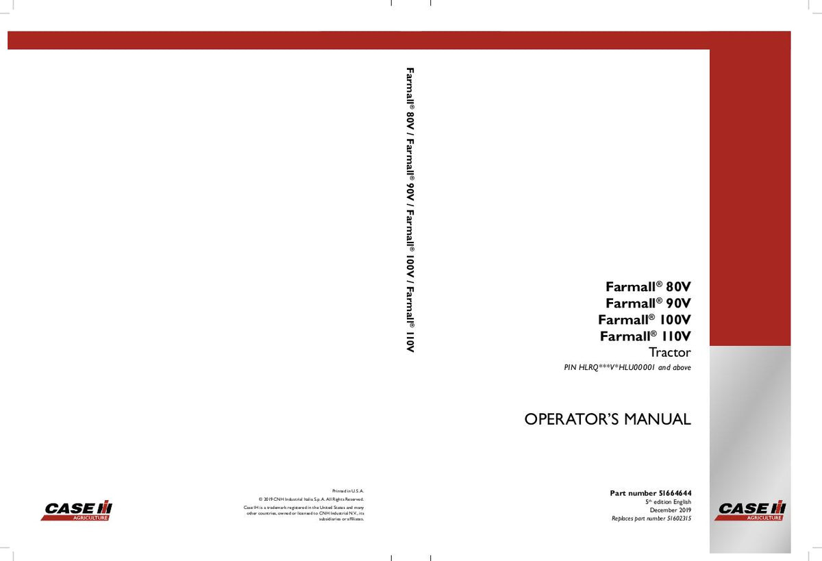 Case IH Tractor Farmall 80V 90V 100V 110V Operator’s Manual 51602315