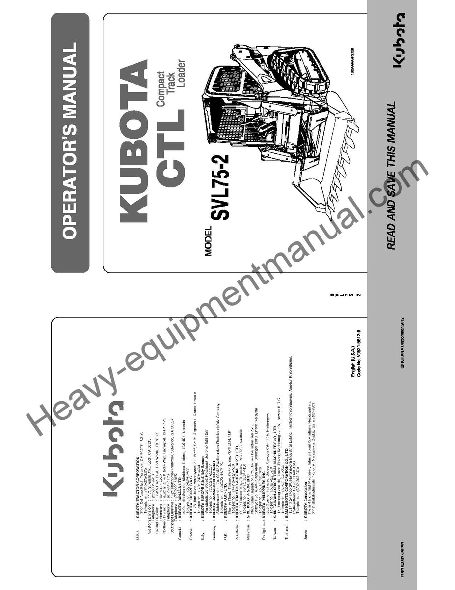 Kubota Svl752 Compact Track Loader Operator's Manual Heavy Equipment