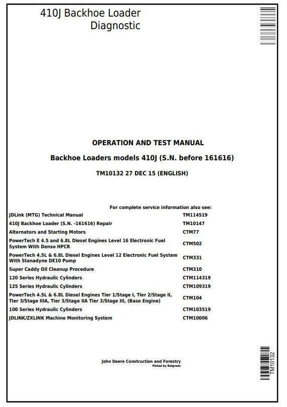 John Deere 410J Backhoe Loader Operation and Test Manual TM10132 ...