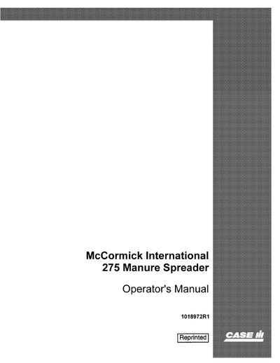 Case IH 275 McCormick Intl Manure Spreader Operator Manual 1018972R1