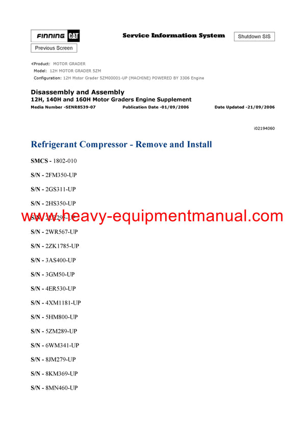 Caterpillar 12H MOTOR GRADER Full Complete Service Repair Manual 5ZM