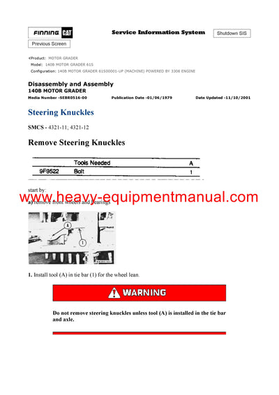 Caterpillar 140B MOTOR GRADER Full Complete Service Repair Manual 61S