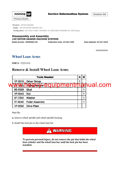 DOWNLOAD CATERPILLAR 14H NA MOTOR GRADER Full Complete SERVICE REPAIR MANUAL 7WJ