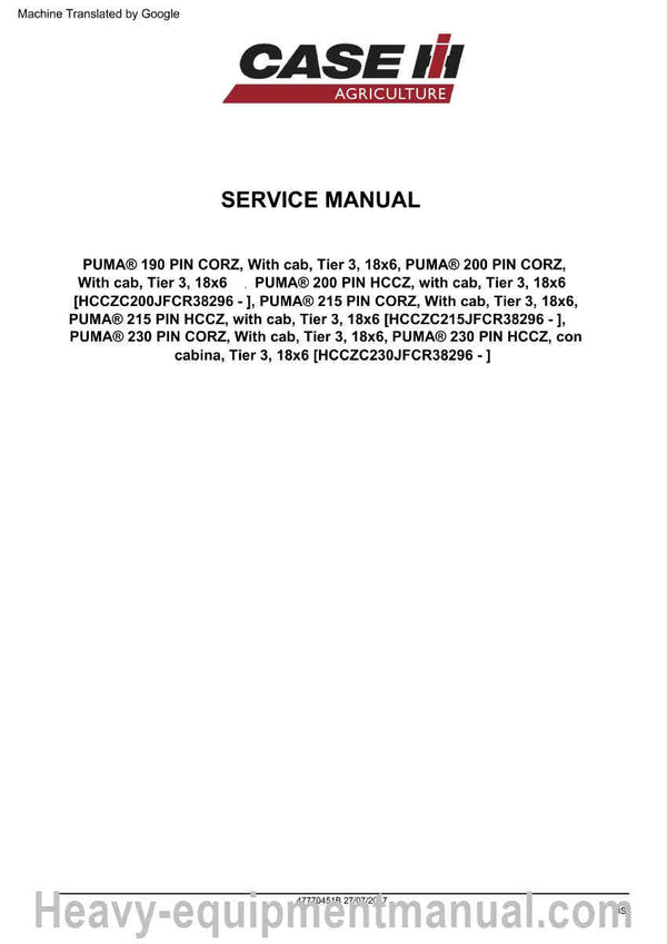 Case IH Puma 190 Puma 200 Puma 215 Puma 230 Tractor Service Manual PDF