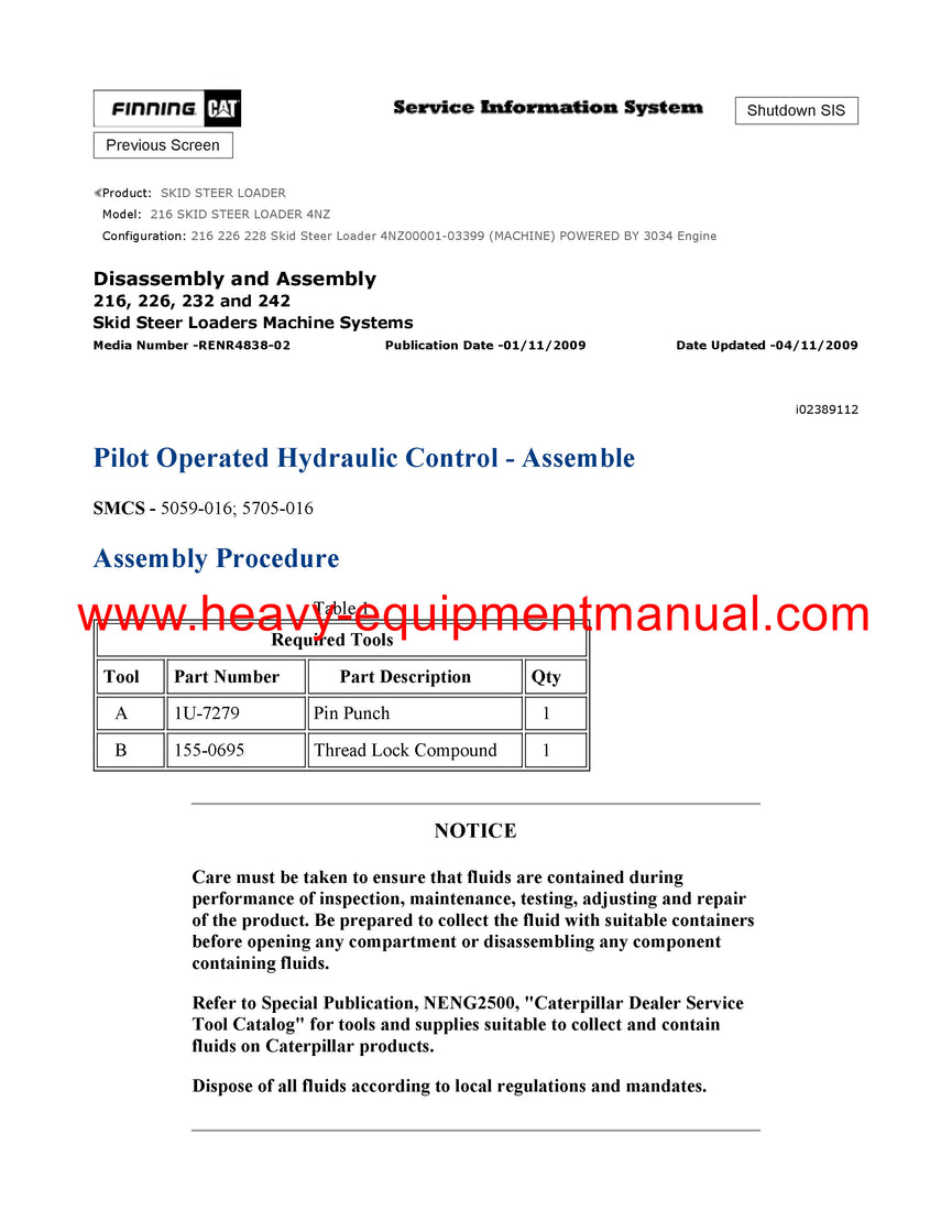 Caterpillar 216 Skid Steer Loader Full Complete Service Repair Manual 4NZ03400-UP