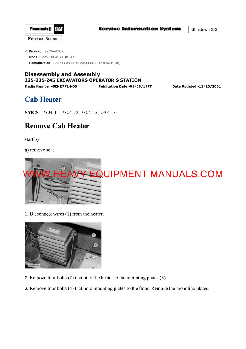 Caterpillar 225 EXCAVATOR Full Complete Service Repair Manual 20S