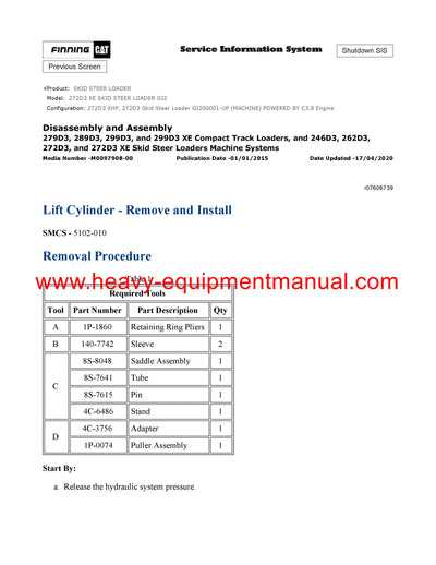 PDF Caterpillar 272D3 XE Skid Steer Loader Service Manual GJ200001-up