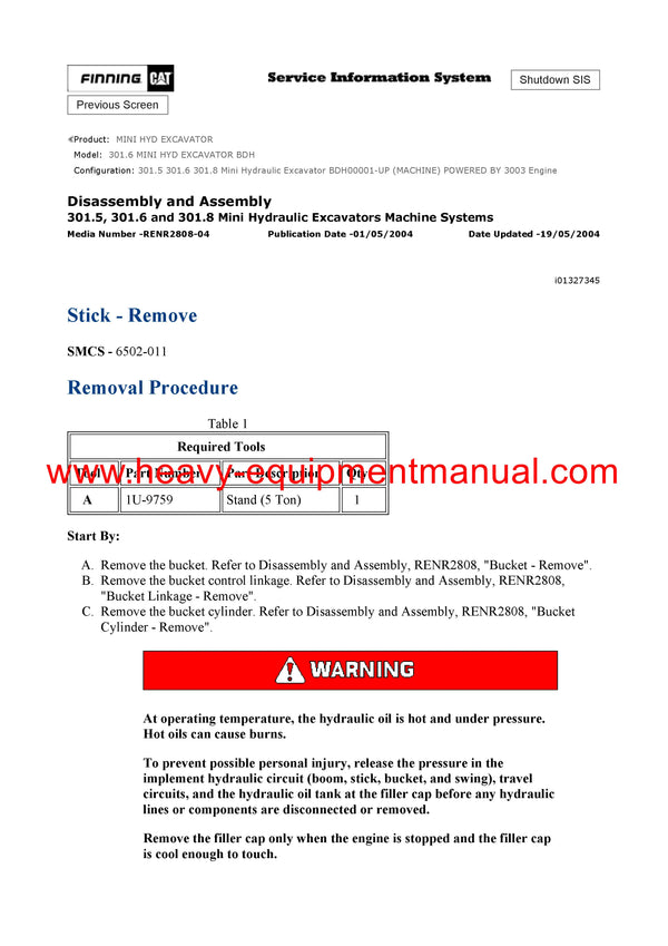 DOWNLOAD CATERPILLAR 301.6 MINI HYD EXCAVATOR FULL COMPLETE SERVICE REPAIR MANUAL BDH