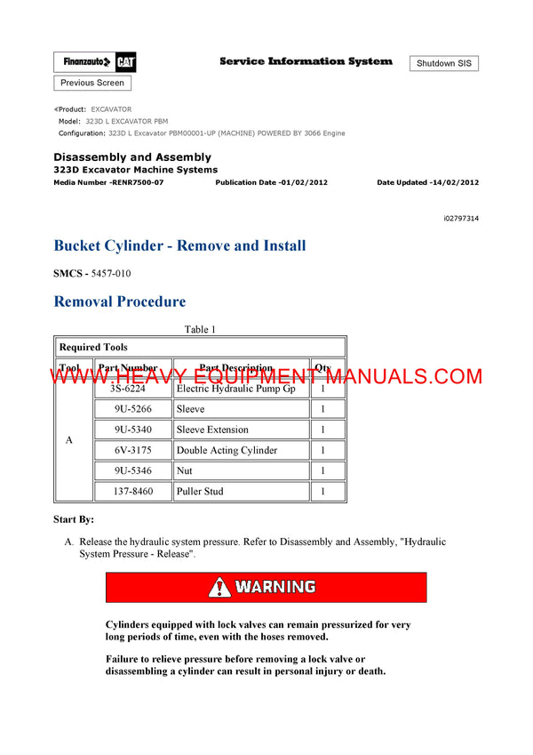 DOWNLOAD CATERPILLAR 323D L EXCAVATOR SERVICE REPAIR MANUAL PBM