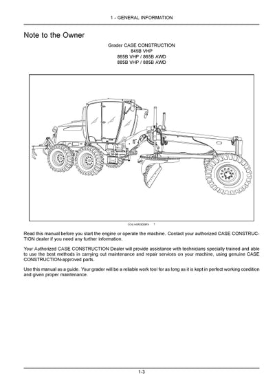 Case 845B, 865B, 865B AWD, 885B, 885 AWD VHP Grader Operator Manual 47709404