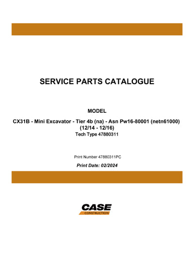 Case CX31B MINI EXCAVATOR TIER 4B Parts Manual 47880311