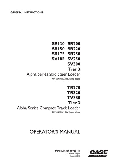 Case SR130 SR150 SR175 SR200 SR220 SR250 SV185 SV250 SV300 Skid Steer Loader Operator Manual 48068111