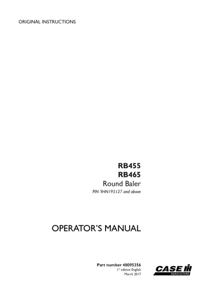 Case IH RB455 RB465 Round Baler Operator Manual 48095356
