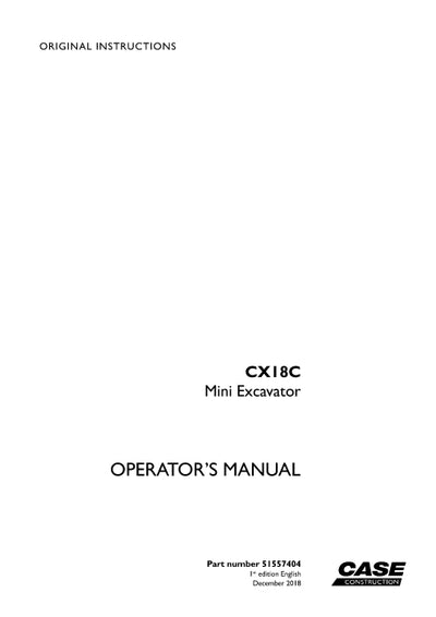 Case CX18C Mini Excavator Operator Manual 51557404