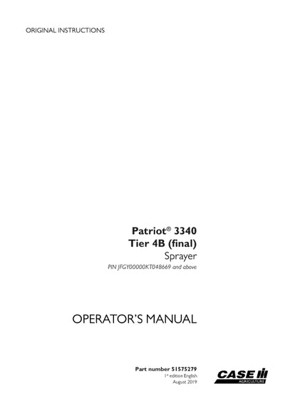 Case IH 3340 Patriot Tier 4B (final) Sprayer Operator Manual 51575279