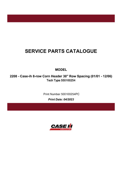 Case IH 2208 8-row Corn Header Parts Manual 550100254PC