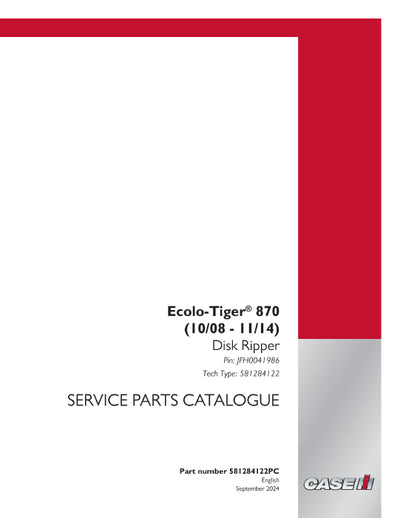 Case IH 870 Ecolo Tiger Disk Ripper Parts Manual 581284122PC