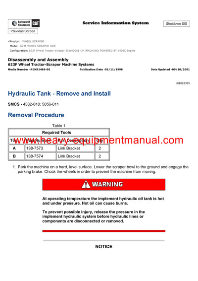 Caterpillar 623F Wheel Scraper Full Complete Service Repair Manual 3XW