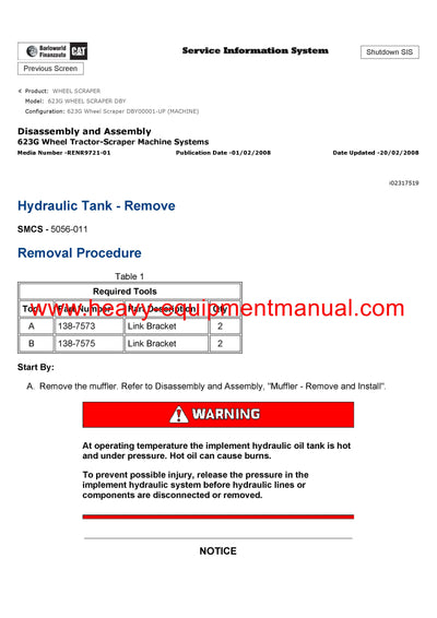 DOWNLOAD CATERPILLAR 623G WHEEL SCRAPER SERVICE REPAIR MANUAL DBY