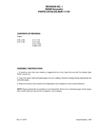 Case 9020B Excavator Revision Parts Manual 7-1151R1