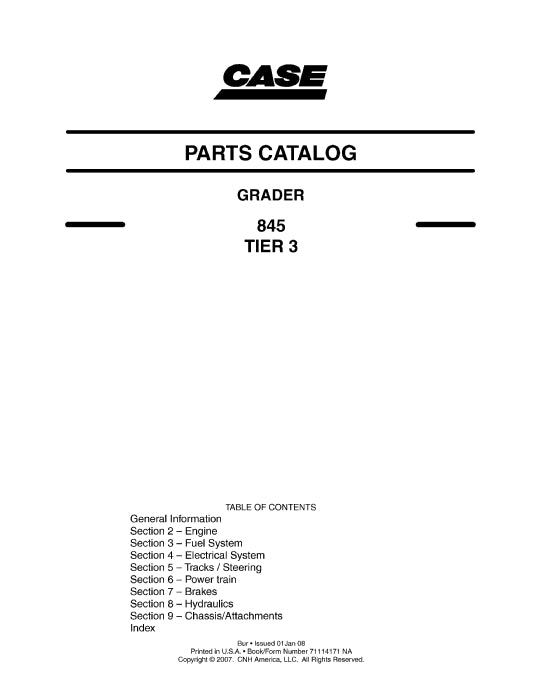 Case 845 Tier 3 Grader Parts Manual 71114171NA
