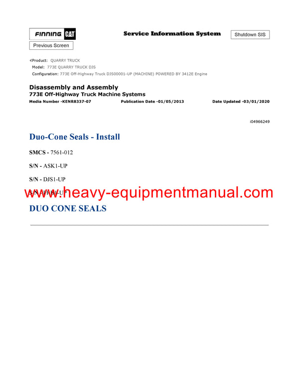 Download Caterpillar 773E Quarry Truck Service Repair Manual DJS