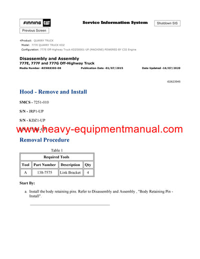 Download Caterpillar 777E Quarry Truck Service Repair Manual KDZ