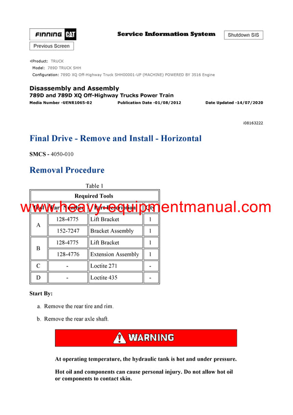 Download Caterpillar 789D Truck Full Complete Workshop Service Manual SHH00001-UP