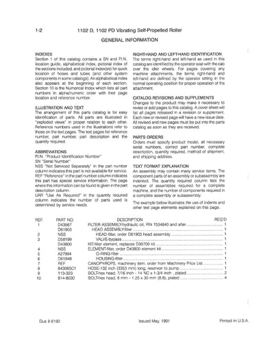 Case 1102D 1102PD Vibrating Self Propelled Roller Parts Manual 8-6182
