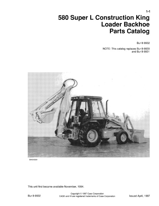 Case 580 Super L Construction King backhoe Loader Parts Manual 8-9932