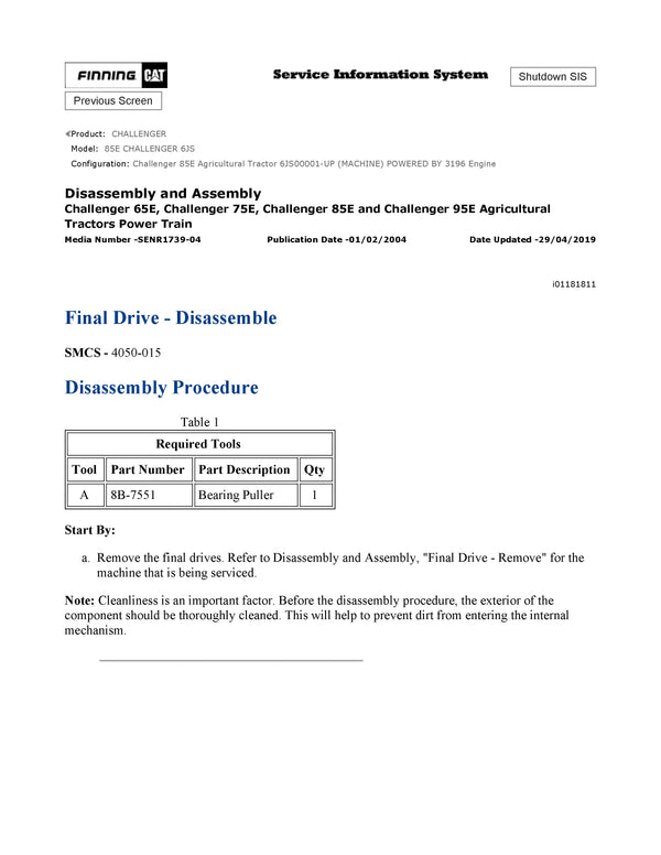 Download Caterpillar 85E CHALLENGER Full Complete Service Repair Manual 6JS