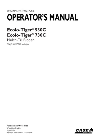 Case IH 530C, 730C Ecolo-Tiger Mulch-Till Ripper Operator Manual 90414165