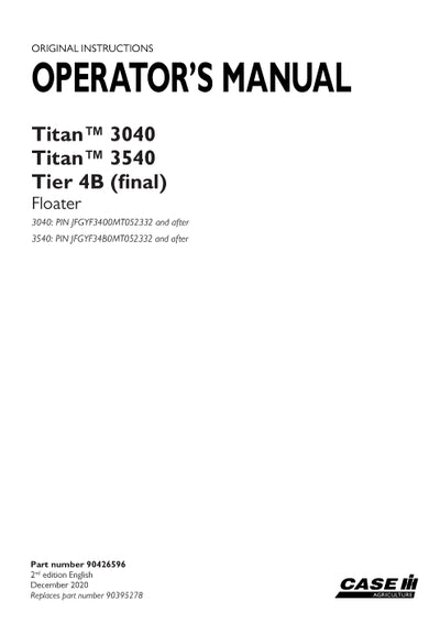 Case IH 3040, 3540 Titan Tier 4B (final) Floater (3 wheel) Operator Manual 90426596