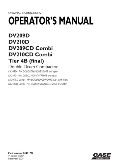 Case DV209D, DV210D, DV209CD, DV210CD Combi Compactor Operator Manual 90431768
