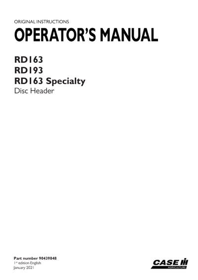 Case IH RD163, RD193, RD163 Specialty Disc Header Operator Manual 90439848