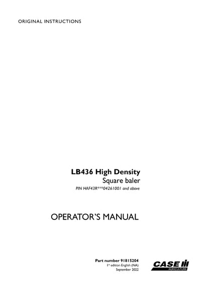 Case IH LB436 High Density Square baler Operator Manual 91815204