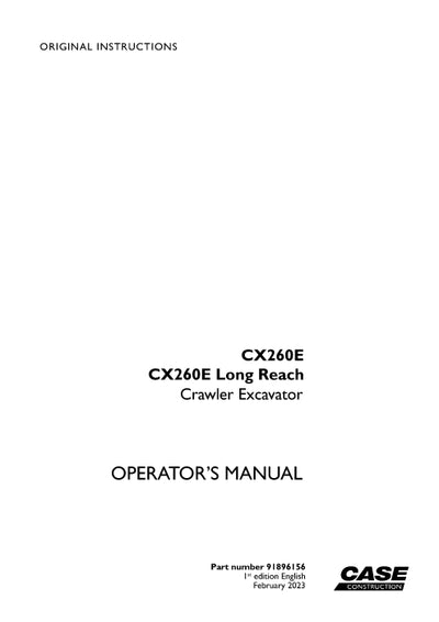 Case CX260E Excavator Operator Manual 91896156
