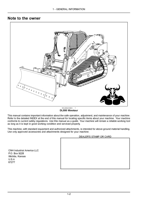 Case Minotaur DL550 Tier 4B Final Compact Dozer Loader Operator Manual 92065143
