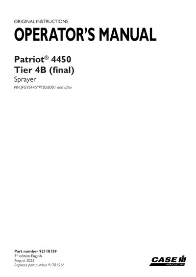 Case IH 4450 Patriot Tier 4B (final) Sprayer Operator Manual 92118159