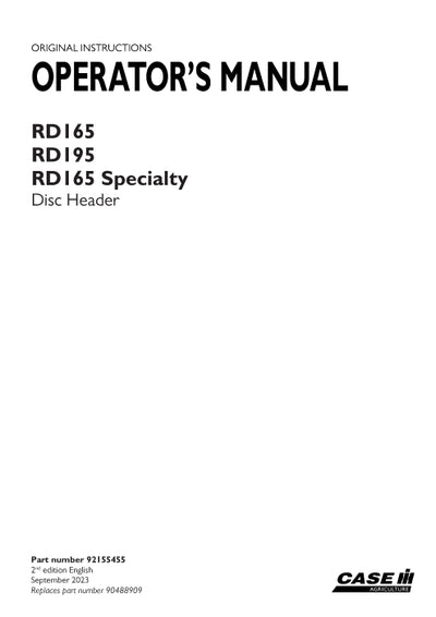 Case IH RD165, RD195, RD165 Specialty Disc Header (Shell) Operator Manual 92155455