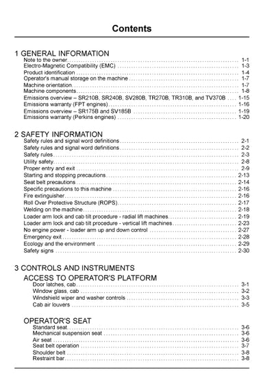 Case SR175B, SR210B, SR240B, SV185B, SV280B B Series Skid Steer Loader Operator Manual 92157213
