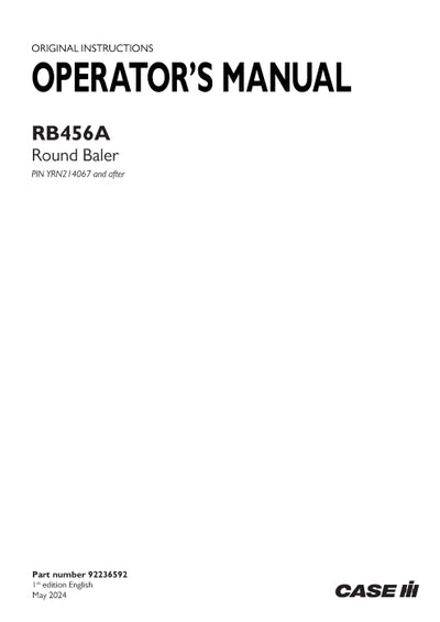 Case IH RB465A Round Baler Operator Manual 92236592