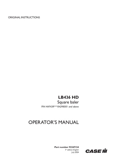 Case IH LB436 HD Square baler Operator Manual 92247134