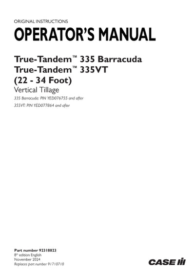 Case IH 335 True-Tandem Barracuda, 335VT True-Tandem Operator Manual 92318823