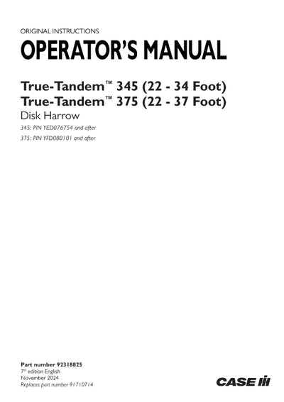 Case IH 345 True-Tandem, 375 True-Tandem Operator Manual 92318825