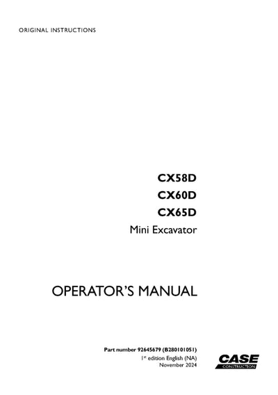 Case CX58D, CX60D, CX65D Mini Excavator Operator Manual 92645679