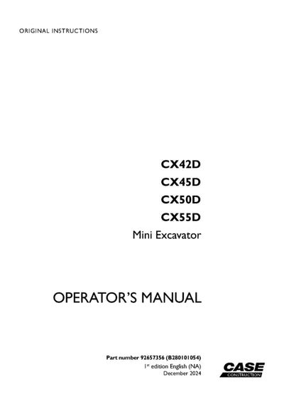 Case CX42D, CX45D, CX50D, CX55D Mini Excavator Operator Manual 92657356