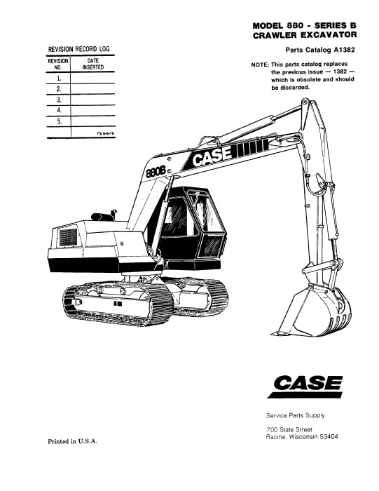 Case 880B Excavator COMPLETE Parts Manual A1382