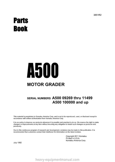 Komatsu A500 Motor Grader Parts Manual SN 09269-11499